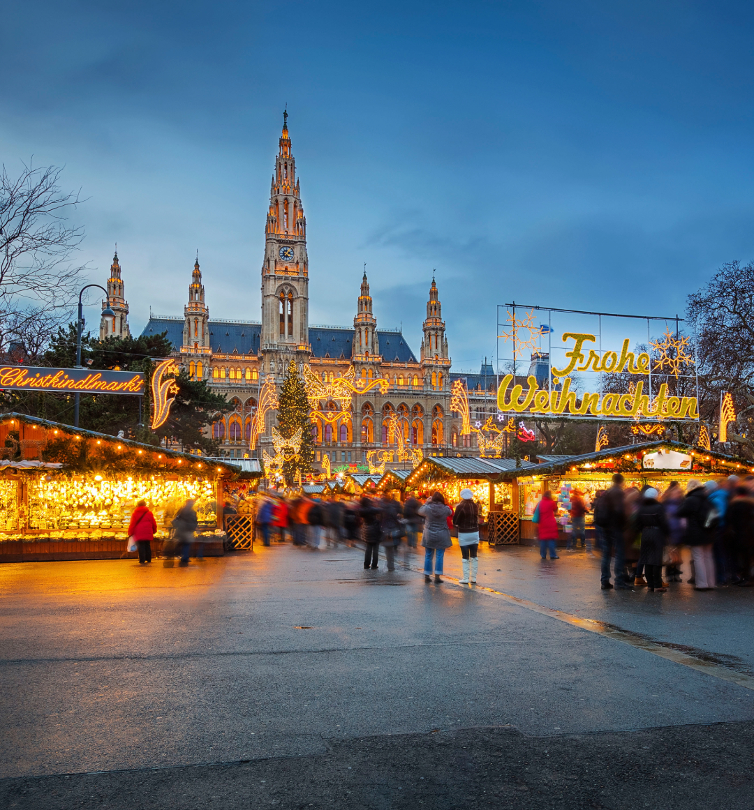 Vienna Christmas Markets at night lit up with Christmas lights