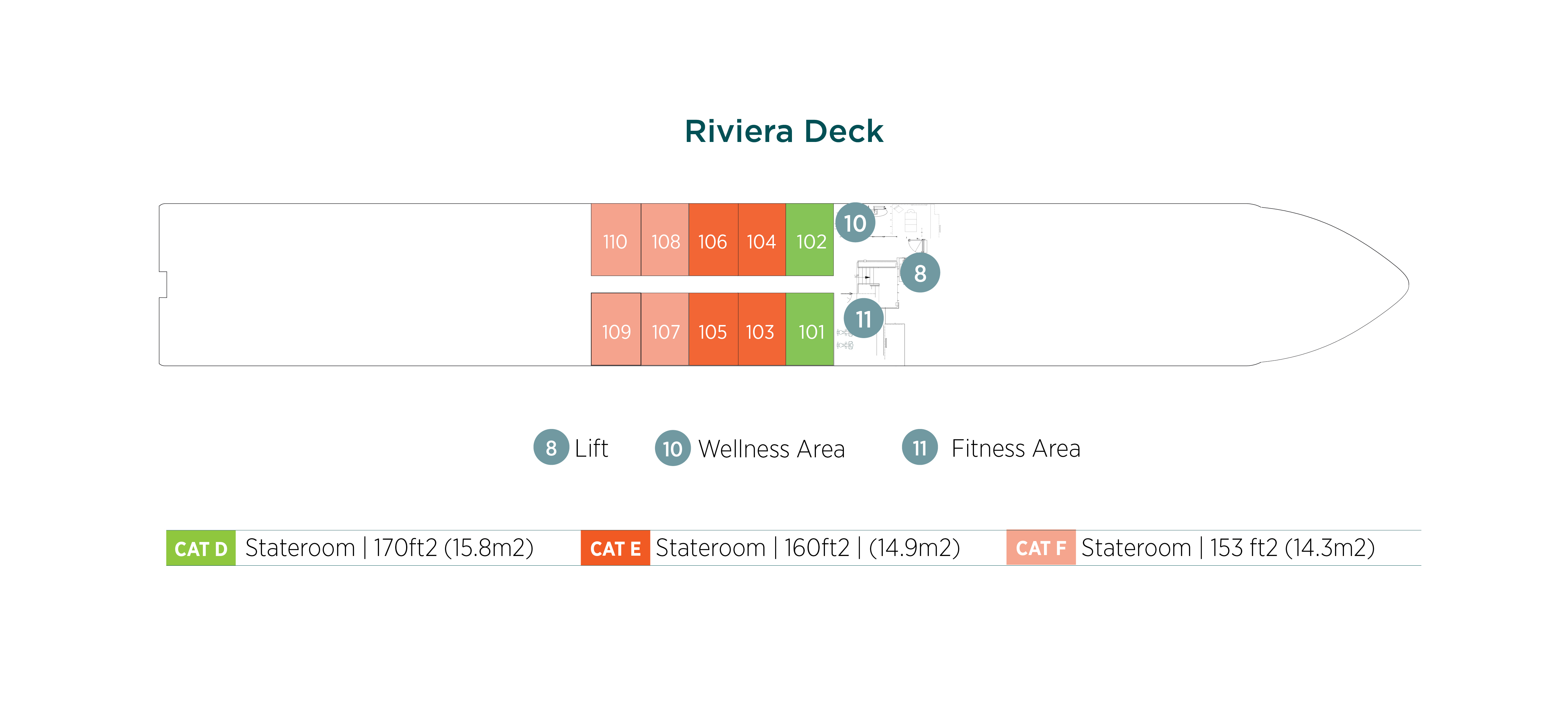 Diagram of ship layout for the Riviera Deck of Emerald Cruises’ Douro river cruising Star-Ship, Emerald Radiance