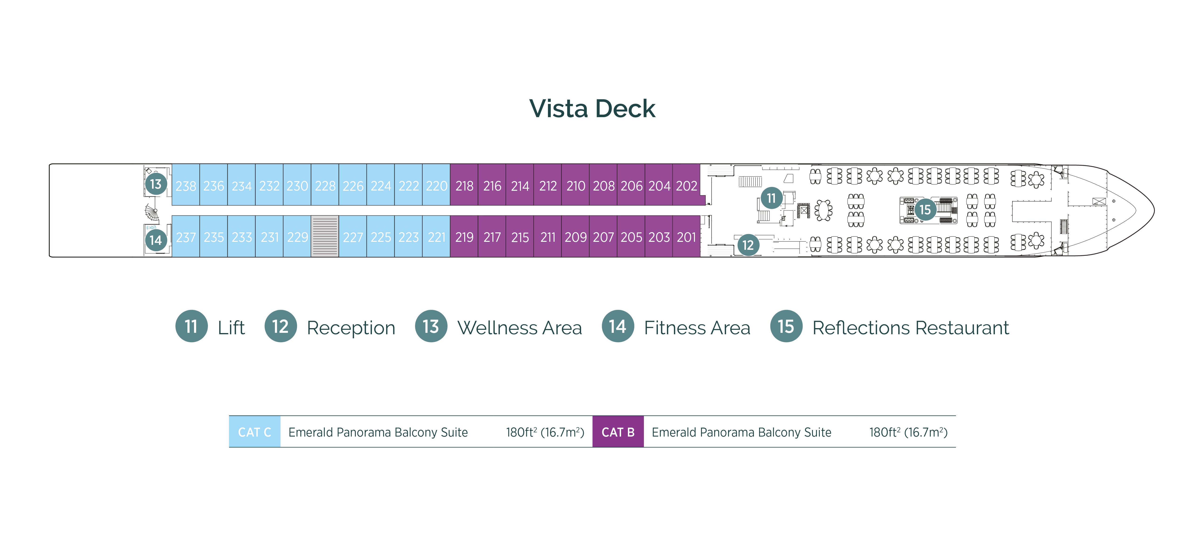 Diagram of ship layout for the Vita Deck of an Emerald Cruises Europe river cruising Star-Ship
