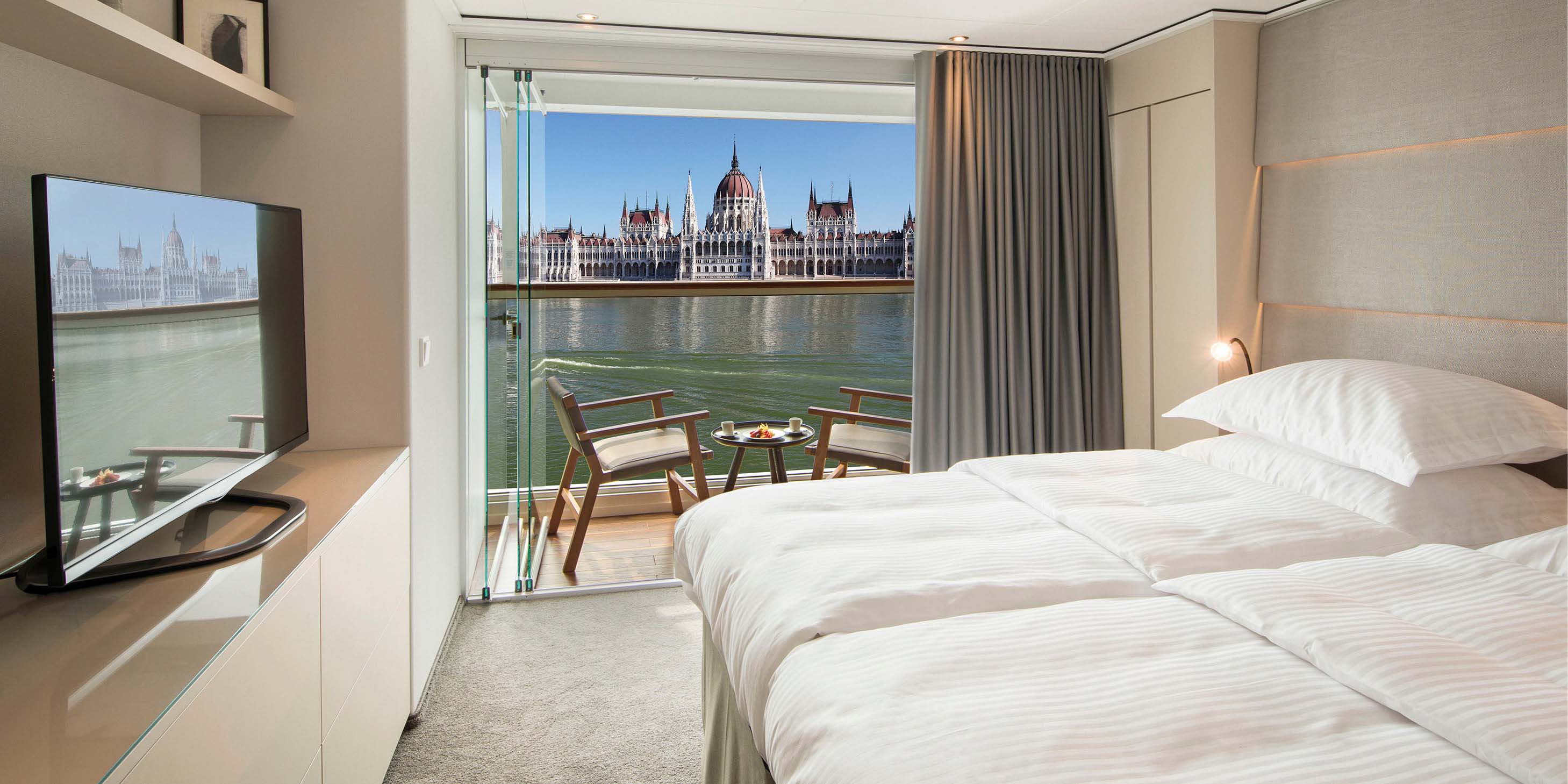 Balcony views of the Hungarian Parliament Building on the Danube River in Budapest, Hungary